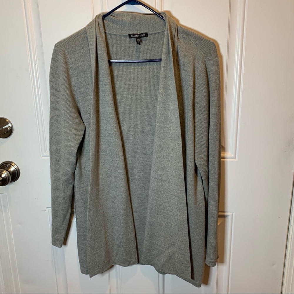 Eileen Fisher Heather Gray Draped Cardigan 100% Merino Wool Italian Yarn Size L
